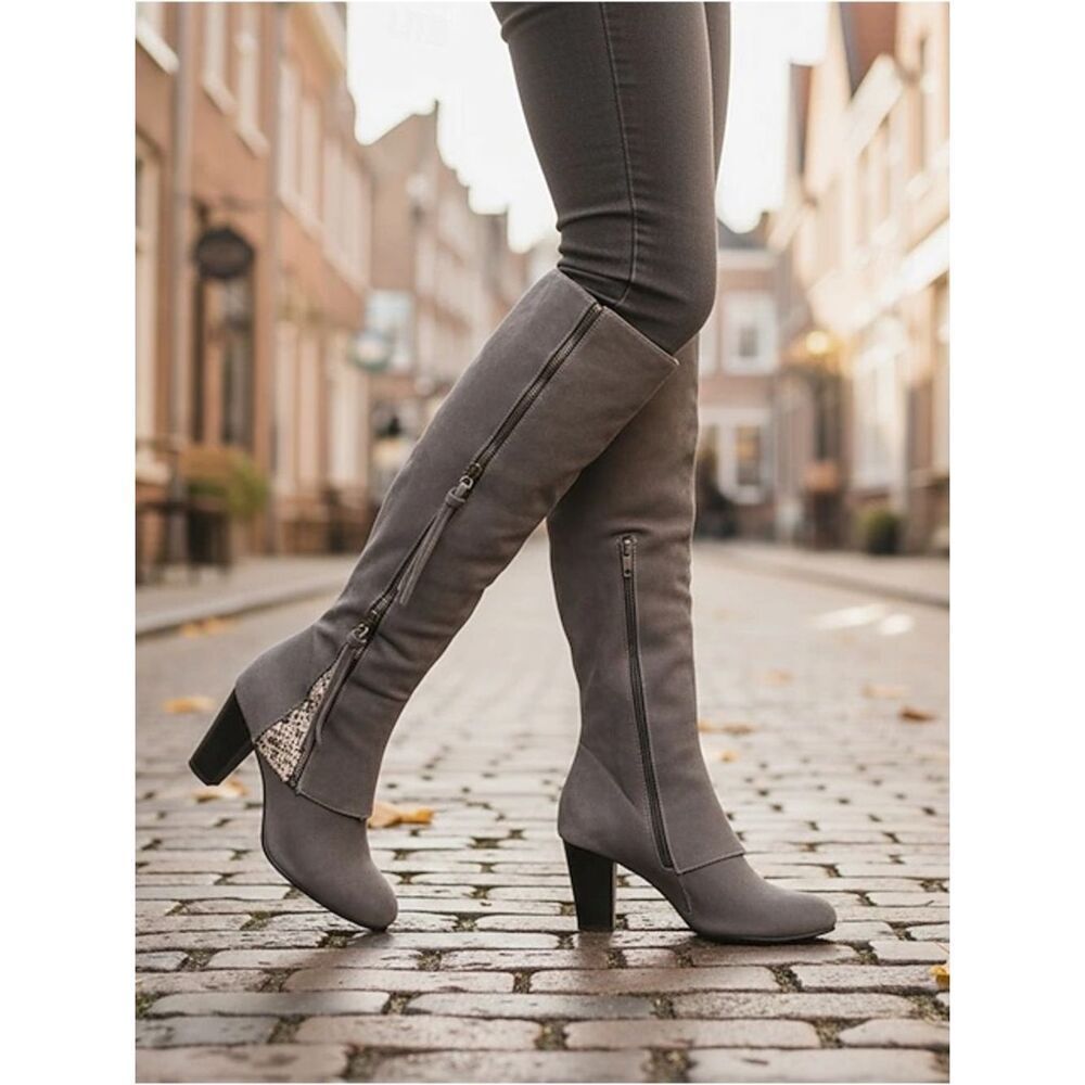 Women's Gray Faux Suede-Look Knee Boots with Side Zipper